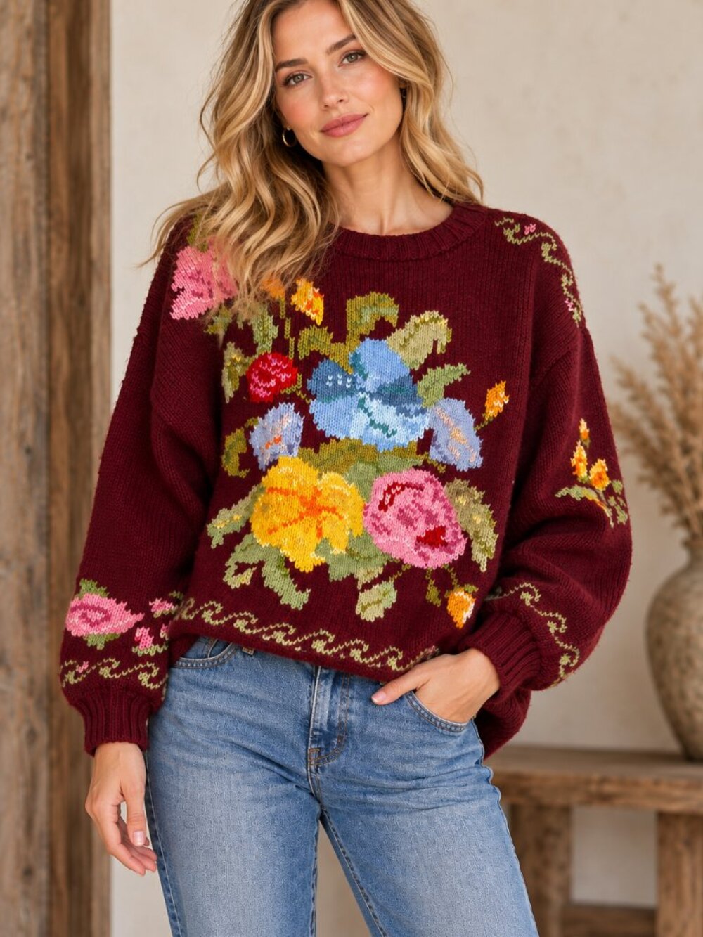 Vintage Colourful Floral Wool Blend Pullover Sweater L